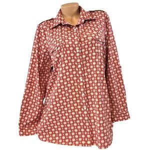 Lands' End 16W 18W‎ Floral Button Down Shirt Top Red Beige Roll Tab Long Sleeve